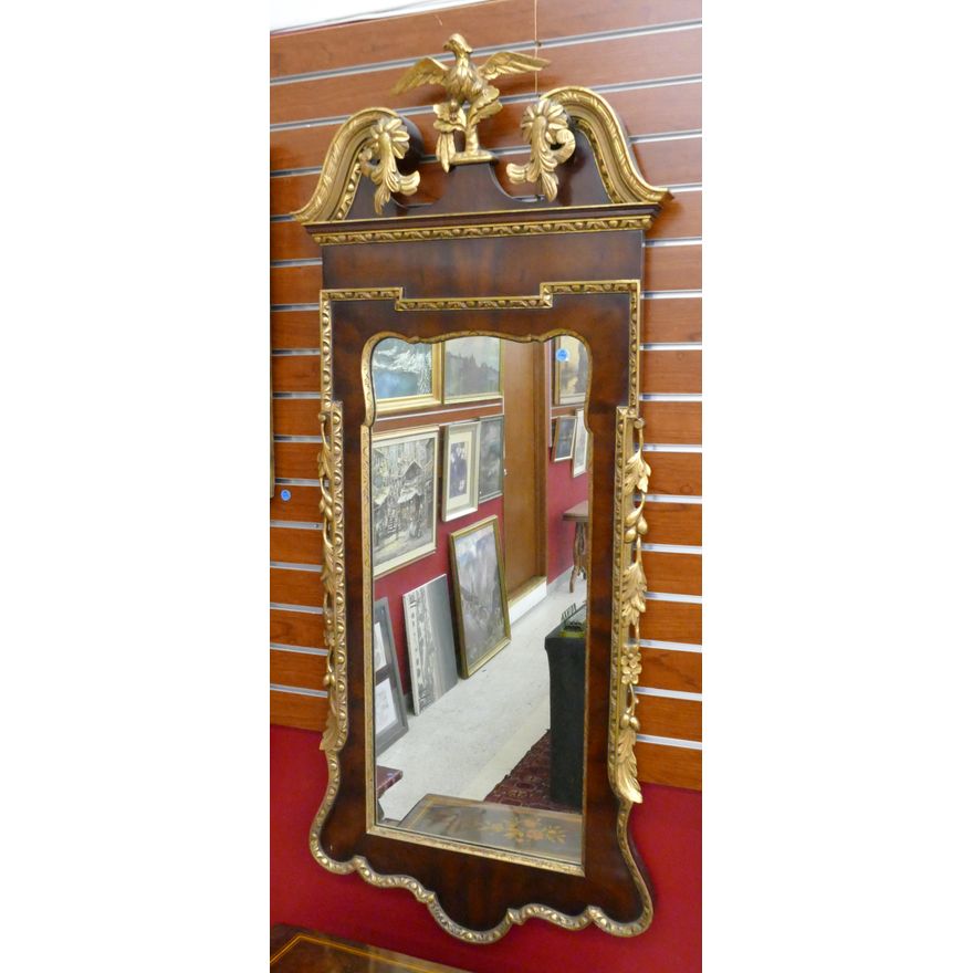 Empire Style Gilt Eagle Finial Walnut Hanging Mirror 57''x25''
