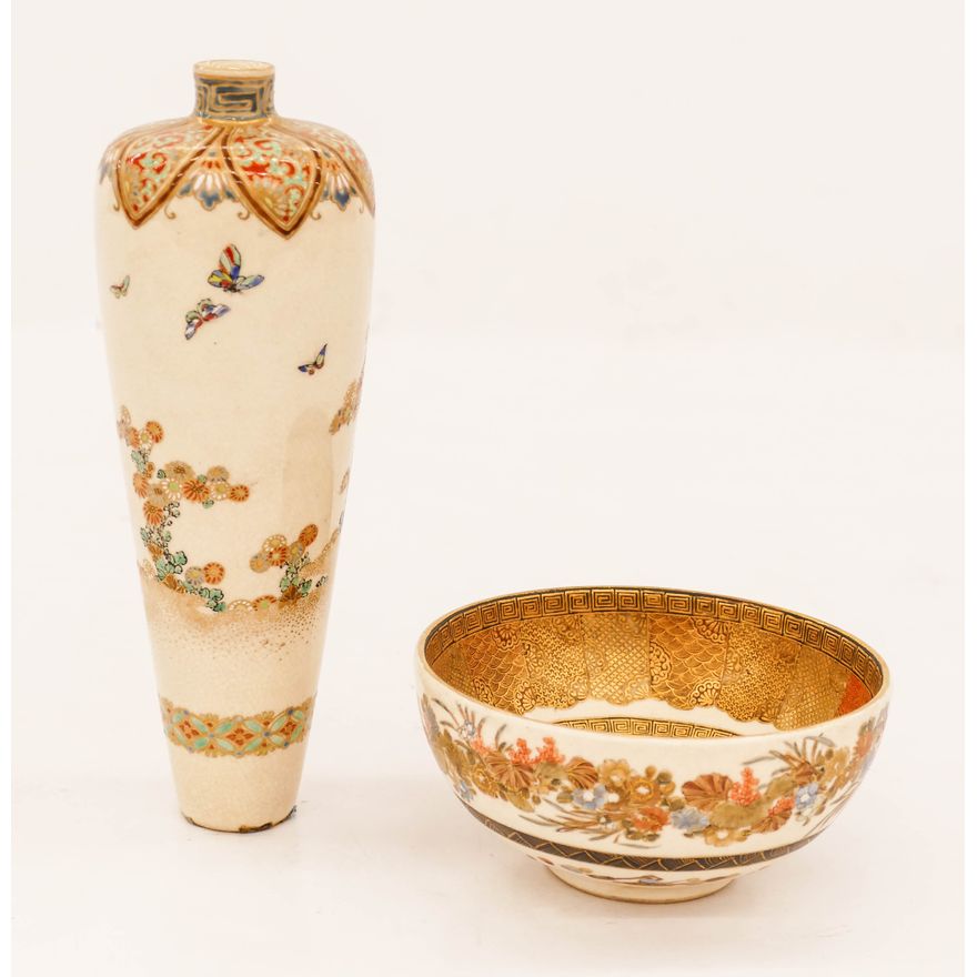 2pc Fine Japanese Satsuma Miniature Vase and Bowl