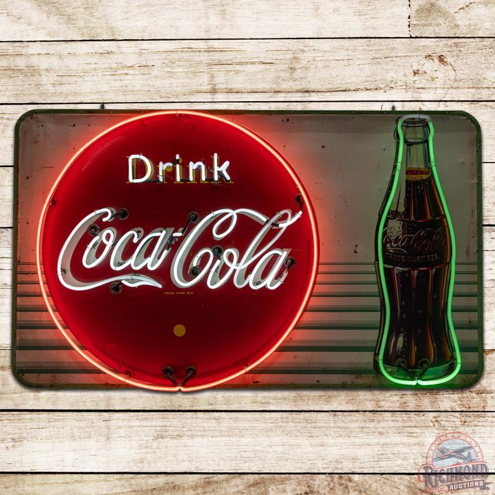 Drink Coca Cola Embossed SS Tin Neon Sign w/ Button & Bottle