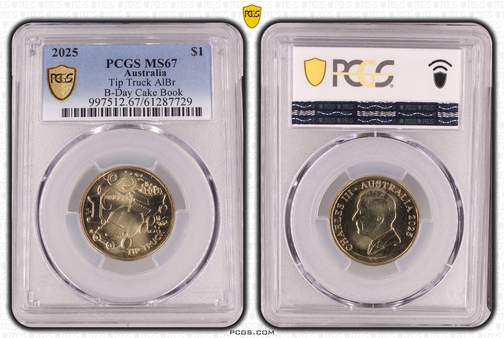 444 · Tip Truck AlBr B-Day Cake Book, POP 4/0, One Dollar, 2025, PCGS MS67
