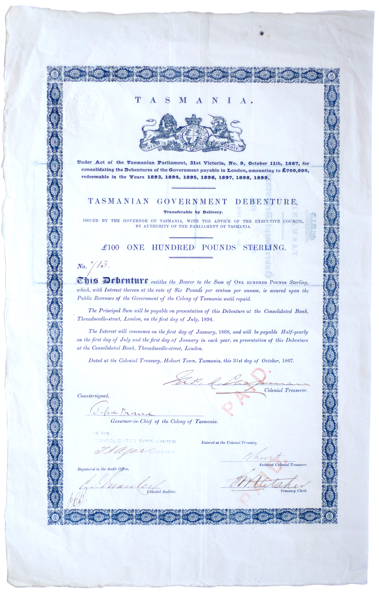 Tasmania, Government Debenture Certificate, 1867, gVF