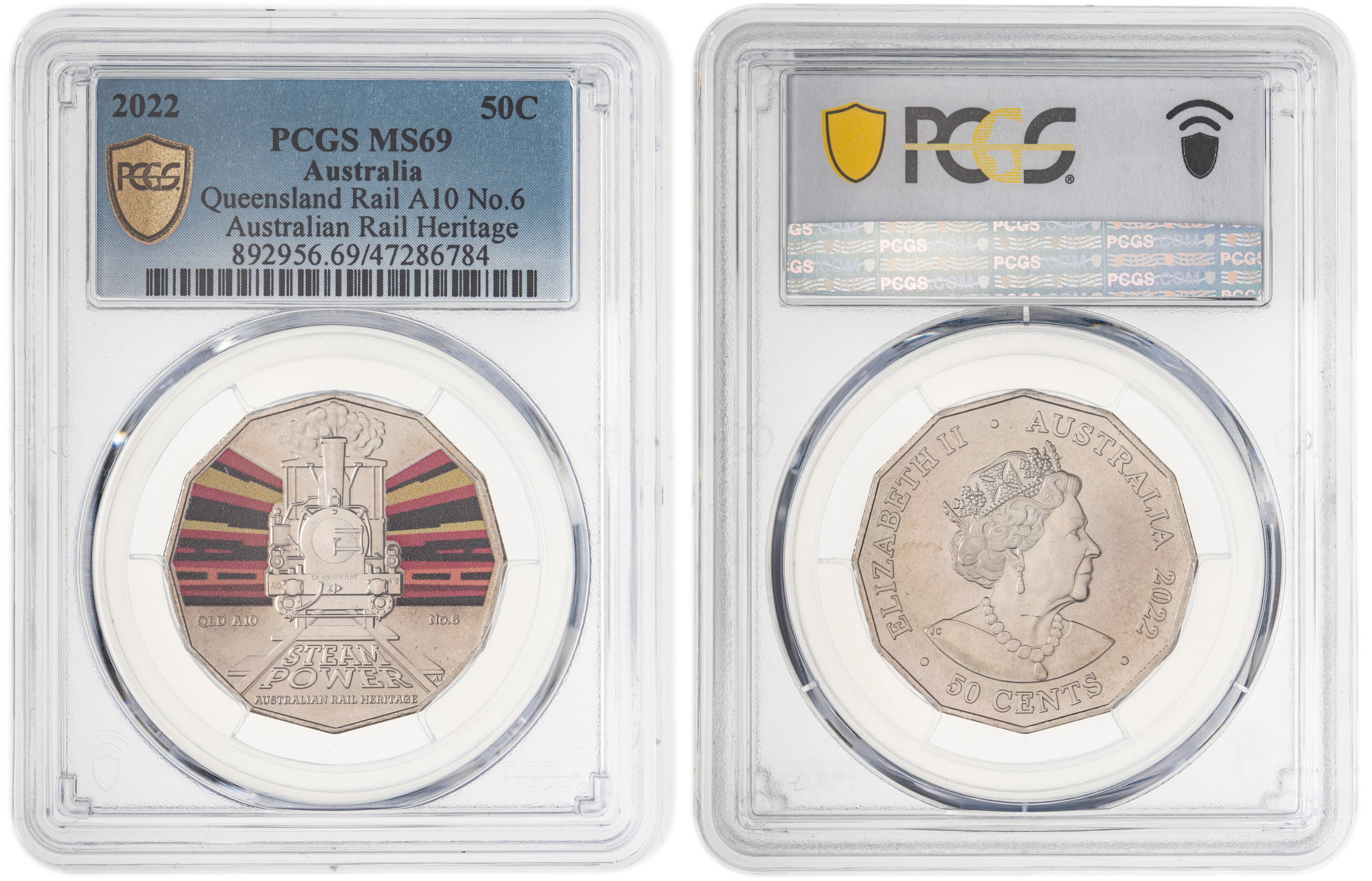 291 · Elizabeth II, Queensland Rail A10 No.6 - Australian Rail Heritage, Fifty Cent, 2022, PCGS MS69