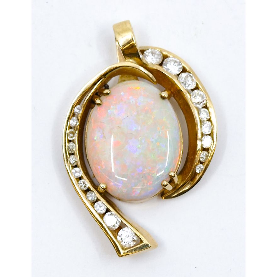 14k Opal Cabochon and Diamond Pendant 1.5'' - 8.7 Grams TW.