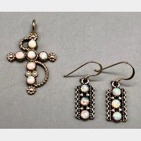 Sterling Silver And Opal Cross Pendant With Earrings