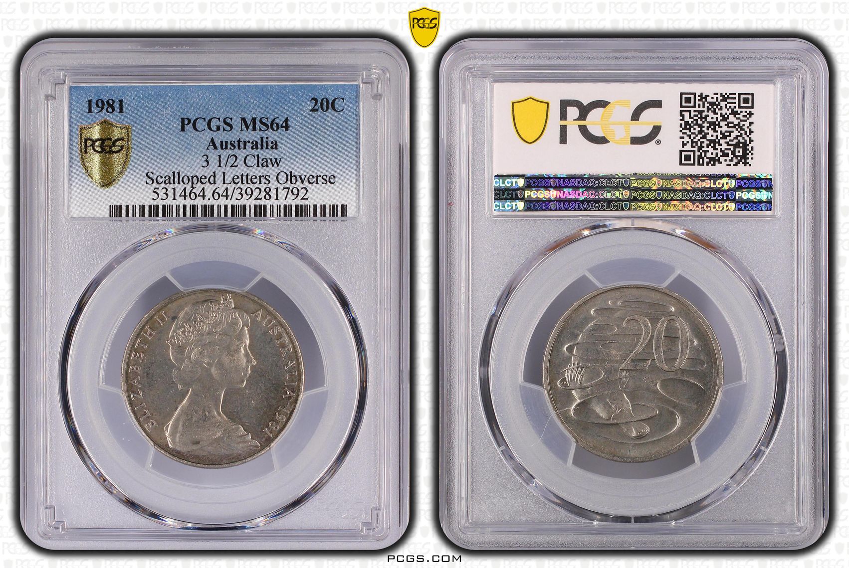1981 Australia Twenty Cent, 20c 3 1/2 Claw, Scalloped Letters Obv PCGS - MS64 -792
