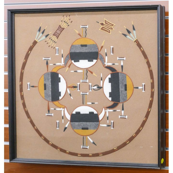 Lena T. '4 Houses of the Sun' Large Navajo Sand Painting Framed- 25x25''