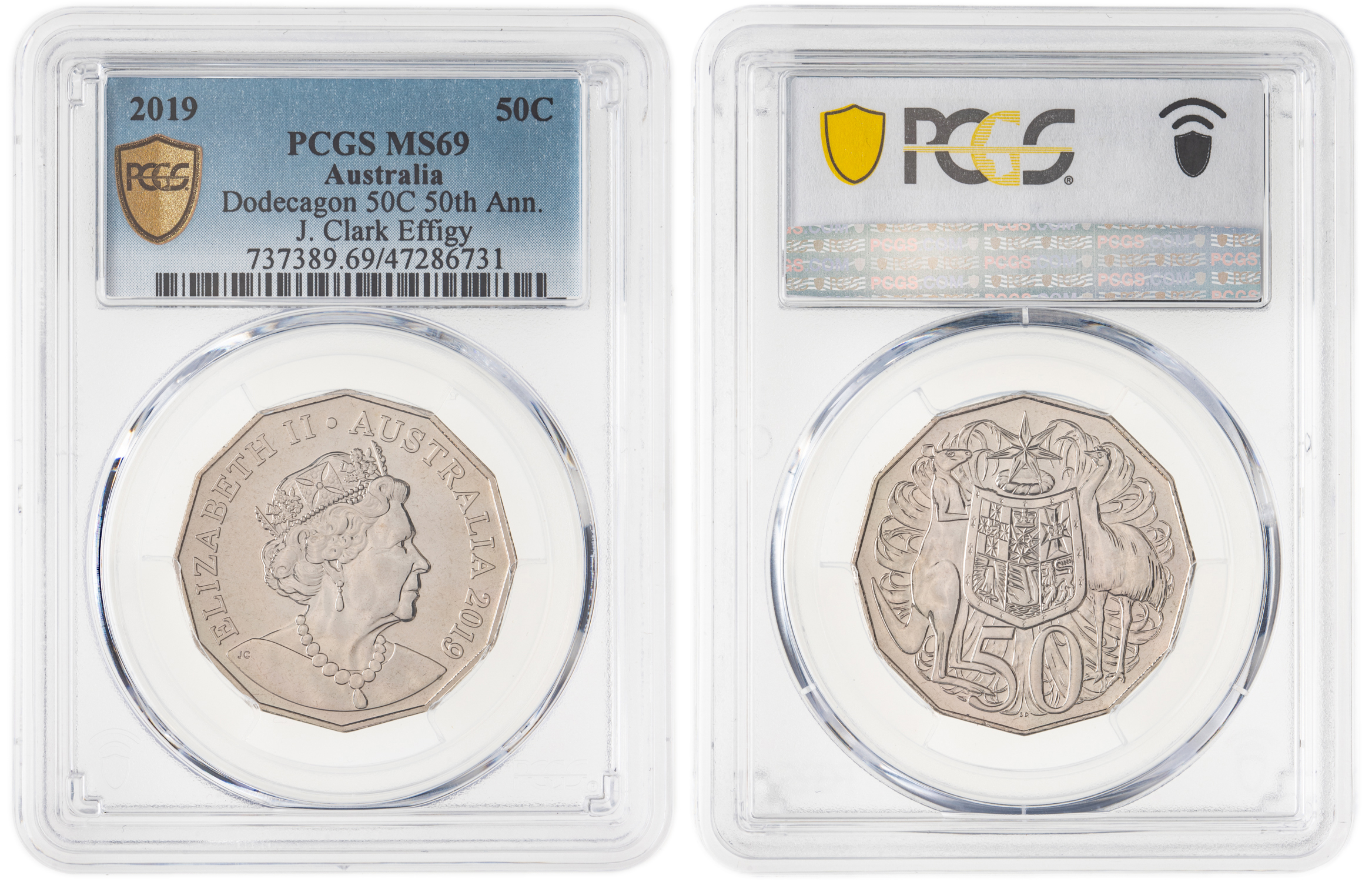 Elizabeth II, Dodecagon 50C 50th Ann. J. Clark Effigy, Fifty Cent, 2019, PCGS MS69