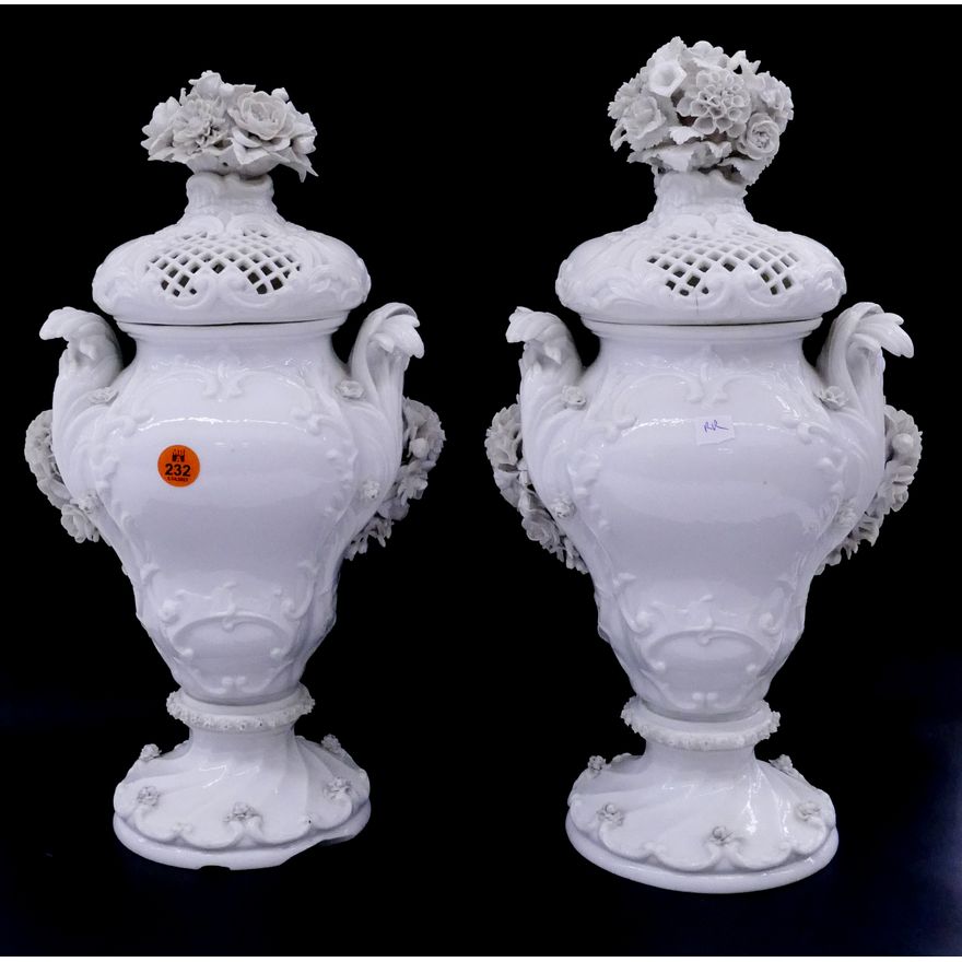 Pair Meissen Blanc de Chine Covered Urns- As Is- 14x8'' each
