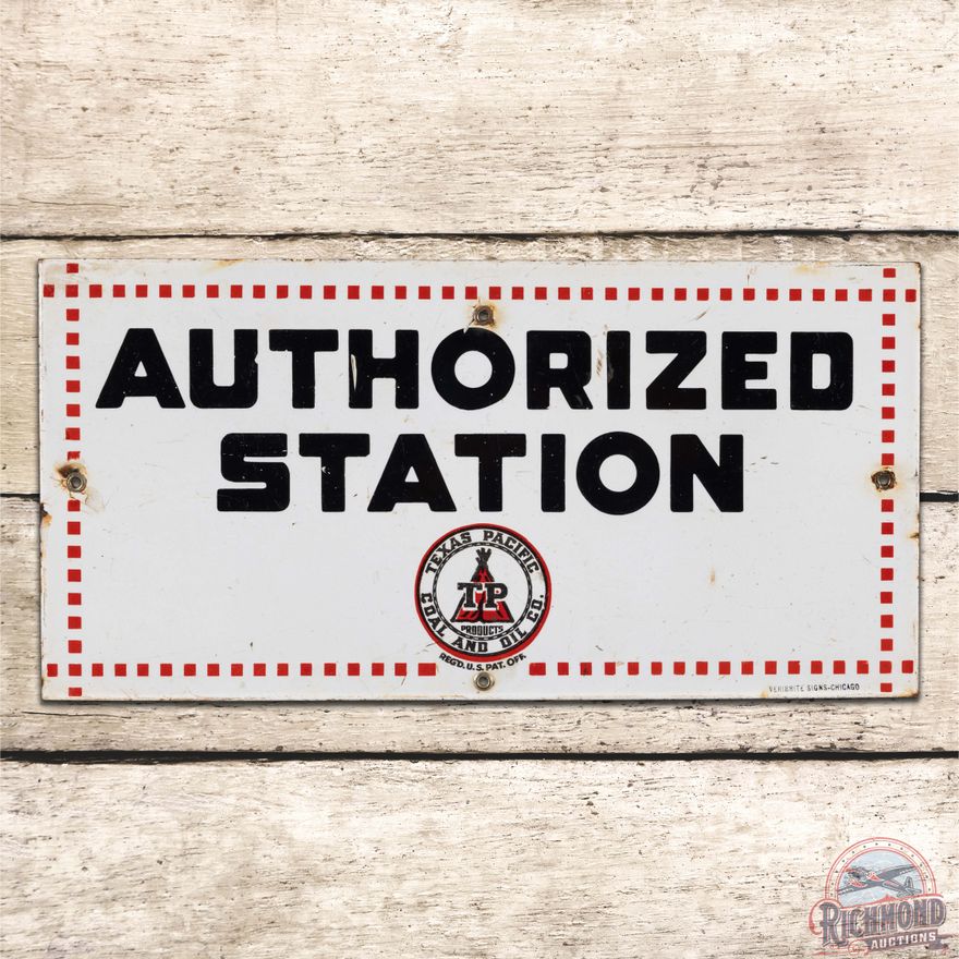 Rare TP Texas Pacific Coal and Oil Co. Authorized Station Single Sided Porcelain Sign w/ Logo