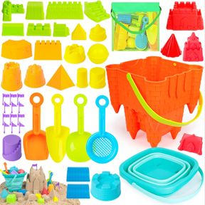SHINDEL 46PCS BEACH TOYS FOR KIDS, CASTLE MOLDS COLLAPSIBLE BEACH BUCKET SAND MOLDS SHELL COLLECTING BAGS FOR OUTDOOR SUMMER BEACH