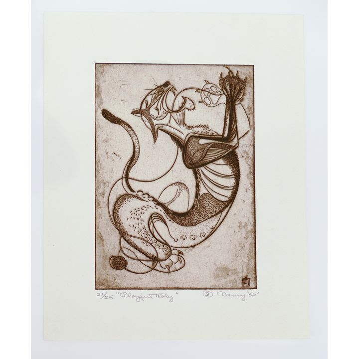 Danny Pierce 'Playful Tabby' 1952 S/N Etching- unframed- 10x8''
