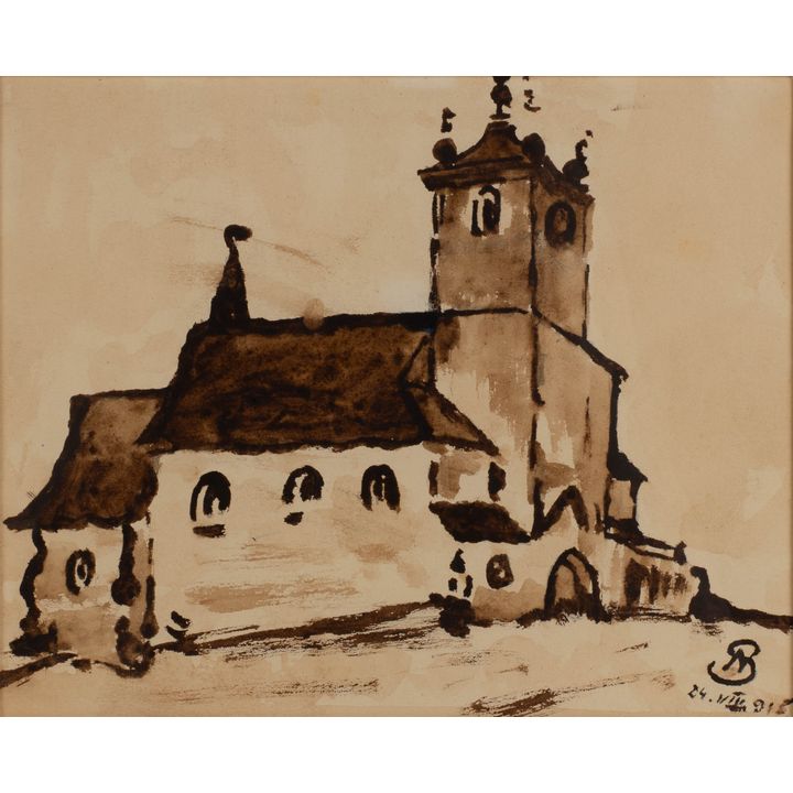 Stanisław Noakowski | Widok na kościół z wieżą, 1918 r.