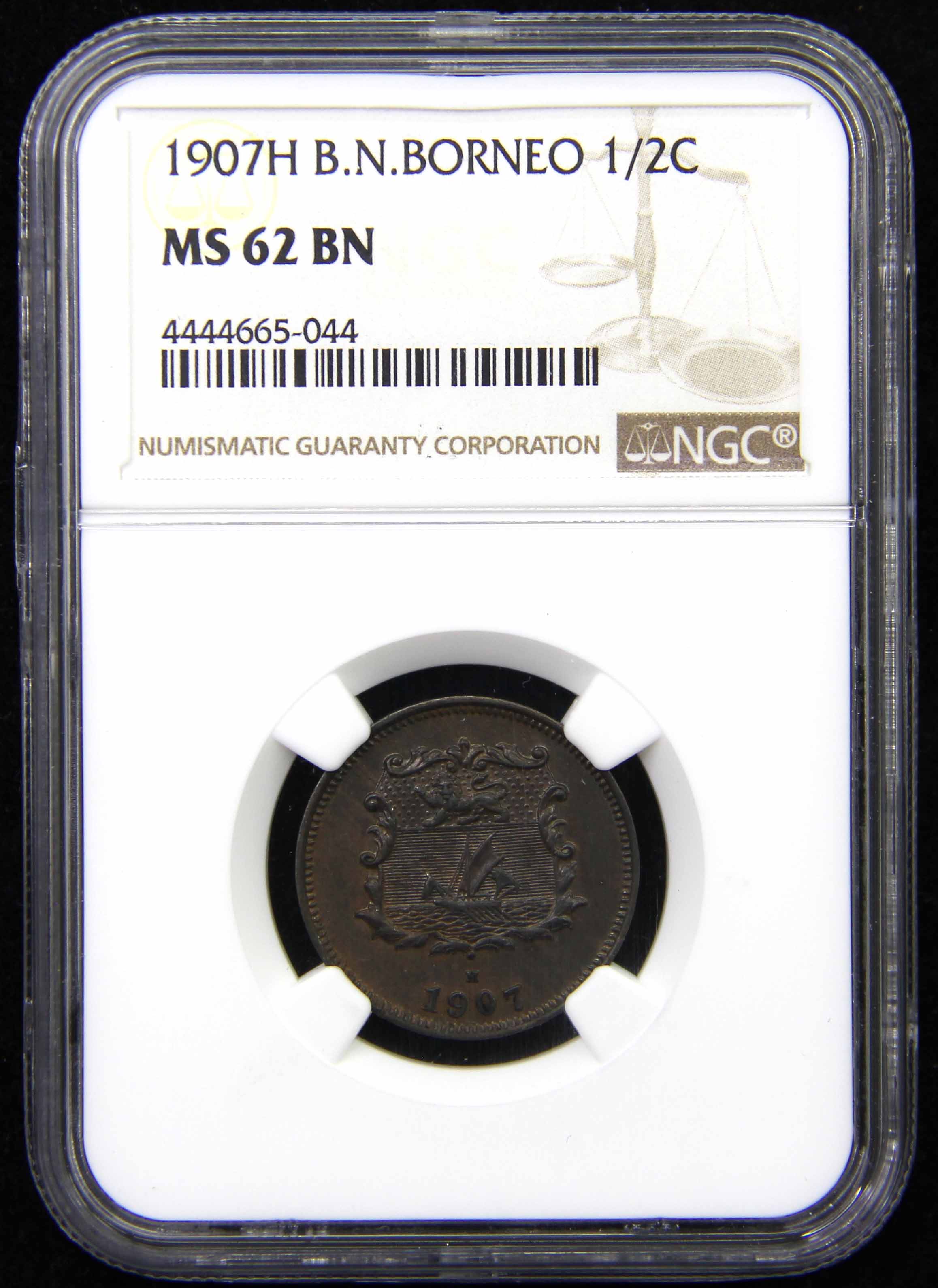 希少年号　1907H 英領ボルネオ　1/2Cent MS62 BN British North Borneo, 1907H, Key year, 1/2 Cent, NGC MS 62BN