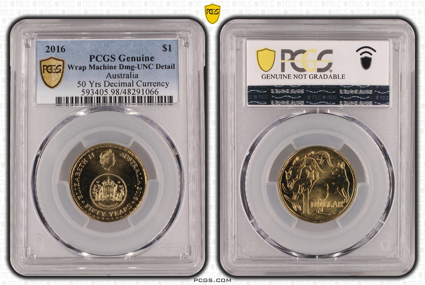 417 · Elizabeth II, 50 Yrs Decimal Currency, One Dollar, 2016, PCGS Genuine  - UNC Details (98 - Damage)