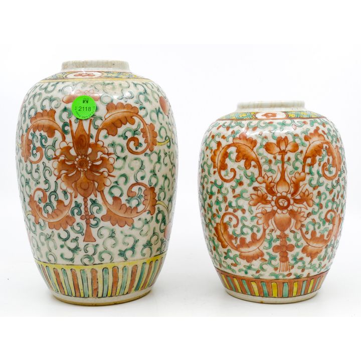 2pc Chinese Republic Famille Verte Lotus Jars 6.5'' and 8''