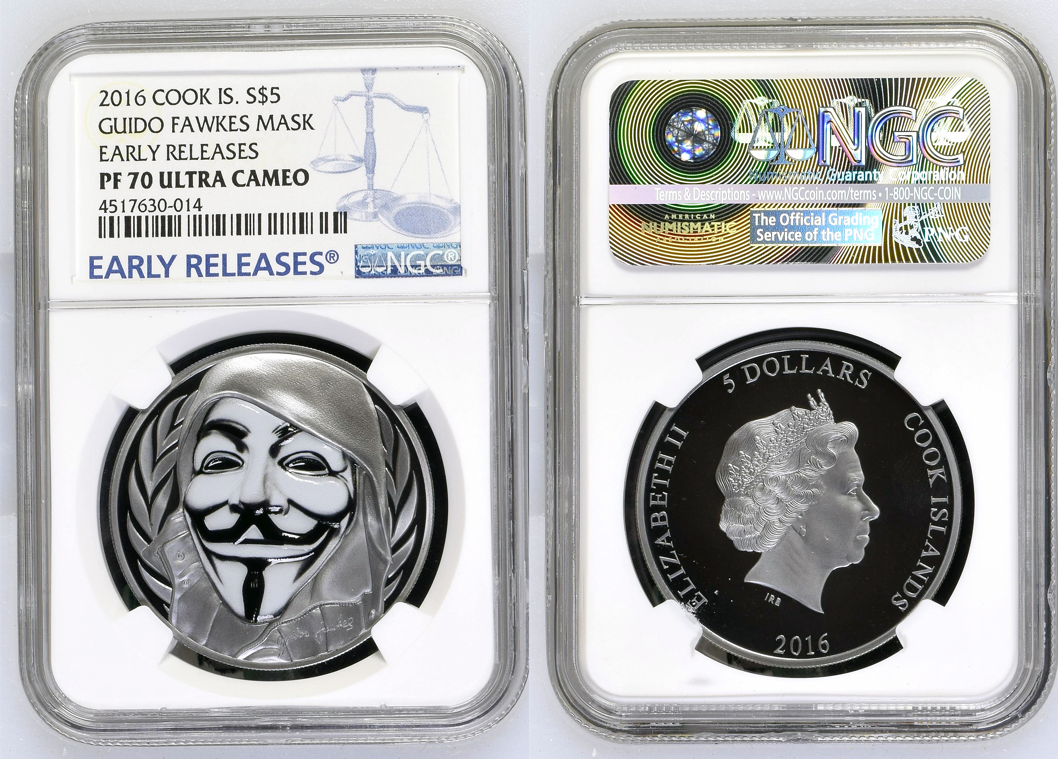 Cook Islands, Guido Fawkes Mask, Five Dollar, 2016, NGC PF 70 ULTRA CAMEO
