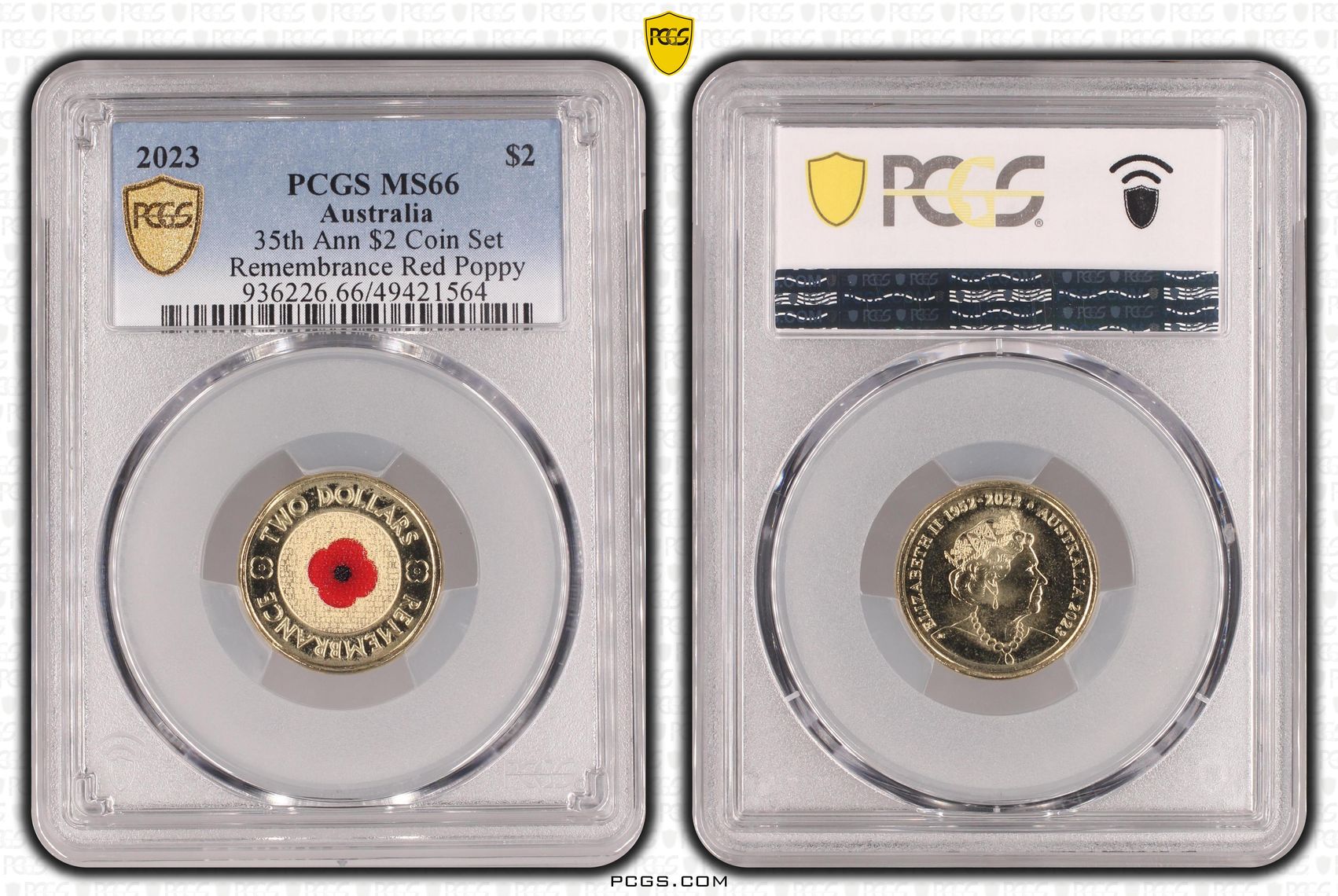 Elizabeth II, 35th Ann $2 Coin Set Colorized Remembrance Red Poppy, Two Dollar, 2023, PCGS MS66