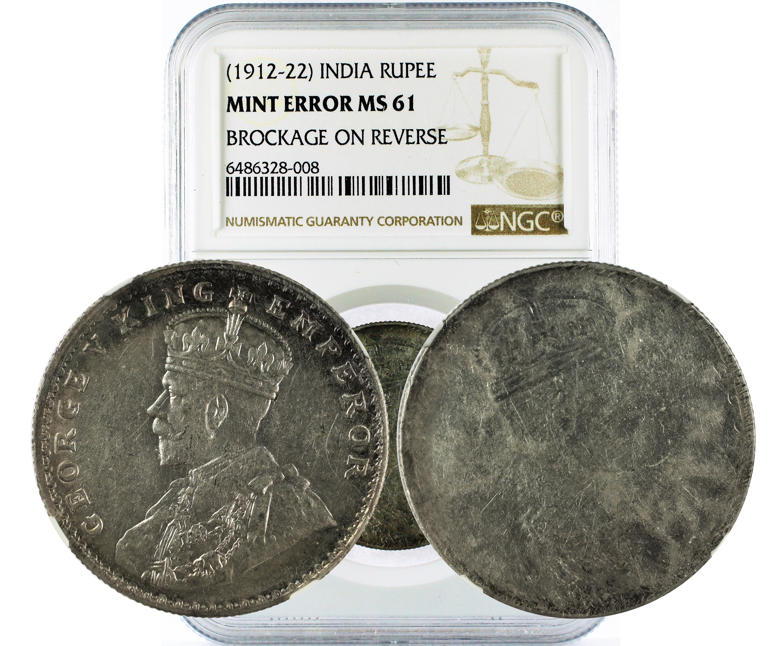 (1912-22) INDIA RUPEE BROCKAGE ON REVERSE MINT ERROR MS 61