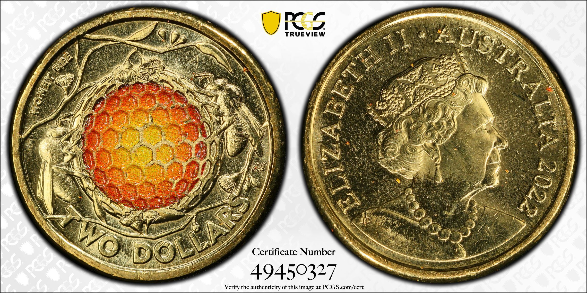 Honey Bee Colourised, Two Dollar, 2022, PCGS MS66
