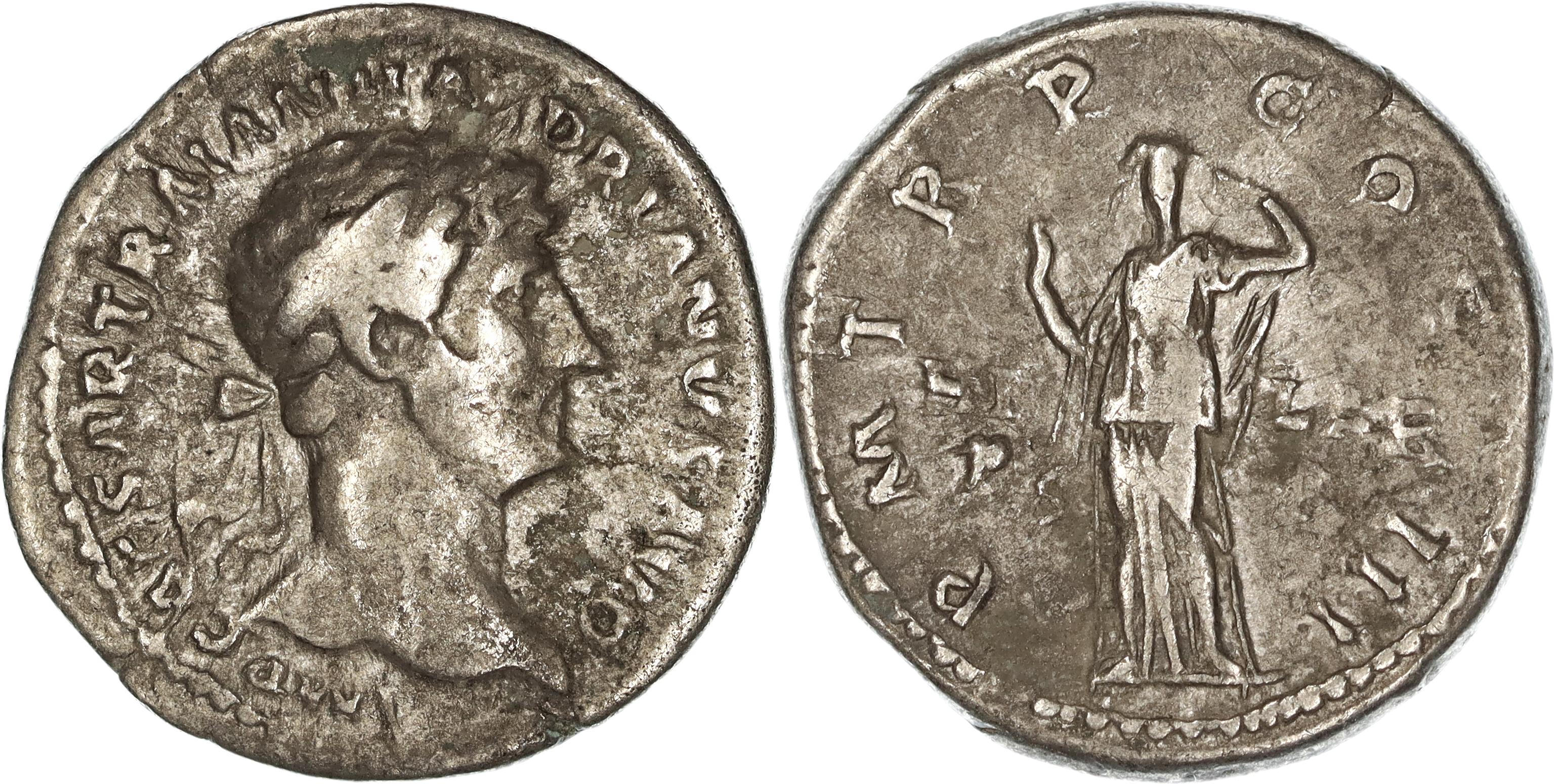 Roman Empire, Hadrian, Silver Denarius, 124 AD, gF