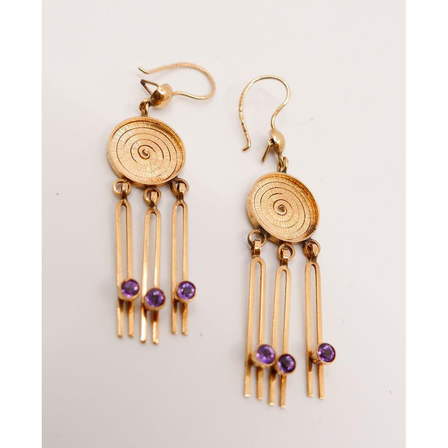 Pair 14K Amethyst Modern Drop Earrings marked EGA (possibly Eve Alfille)- 2.5''- 7g
