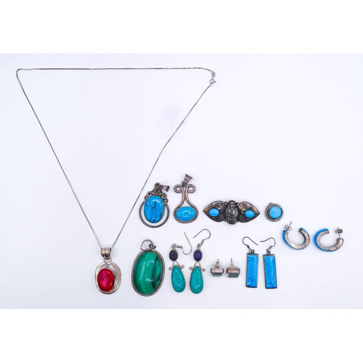 Box Sterling Turquoise & Stone Jewelry - 128 Grams TW