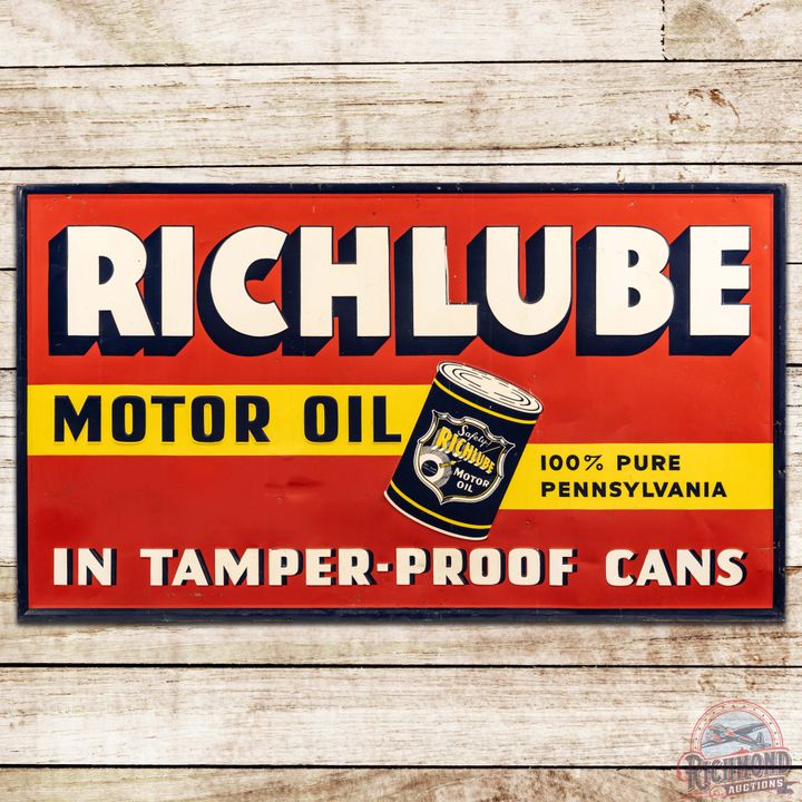 Richlube Motor Oil Embossed SST Sign w/ Race Car Logo Quart Can