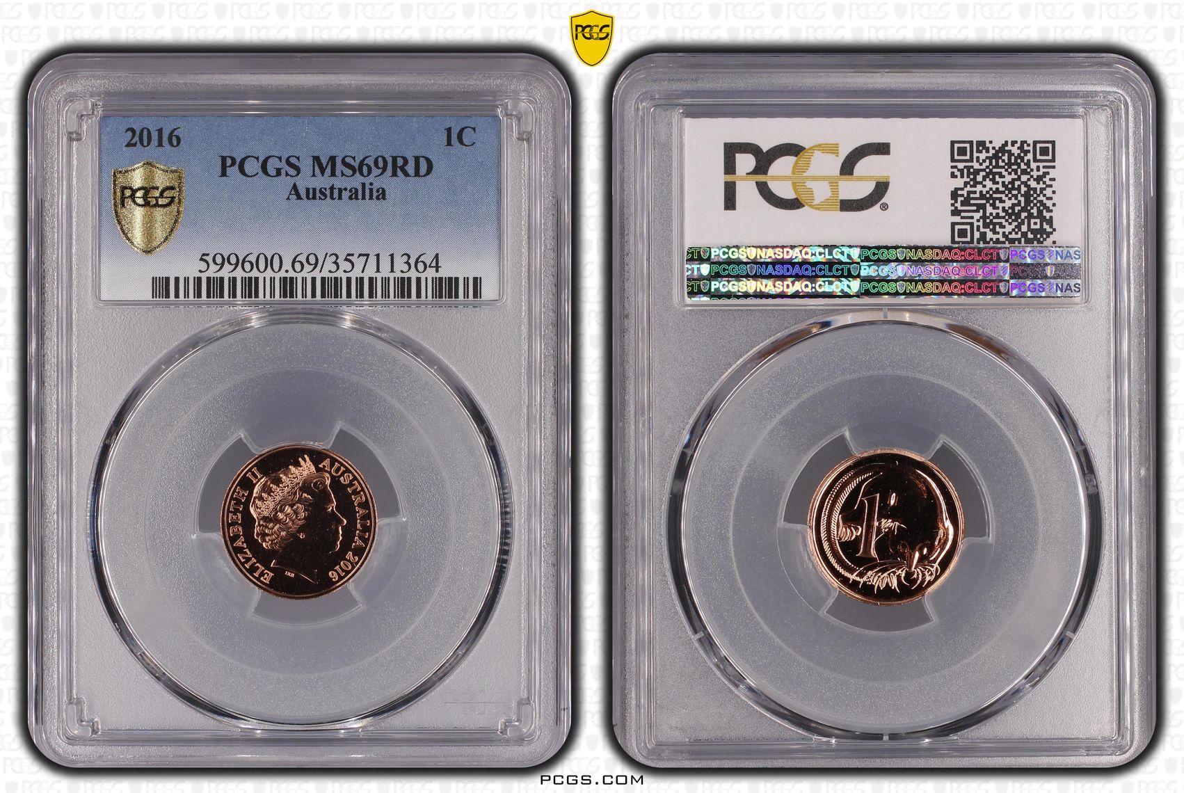 Elizabeth II, One Cent, 2016, PCGS MS69RD