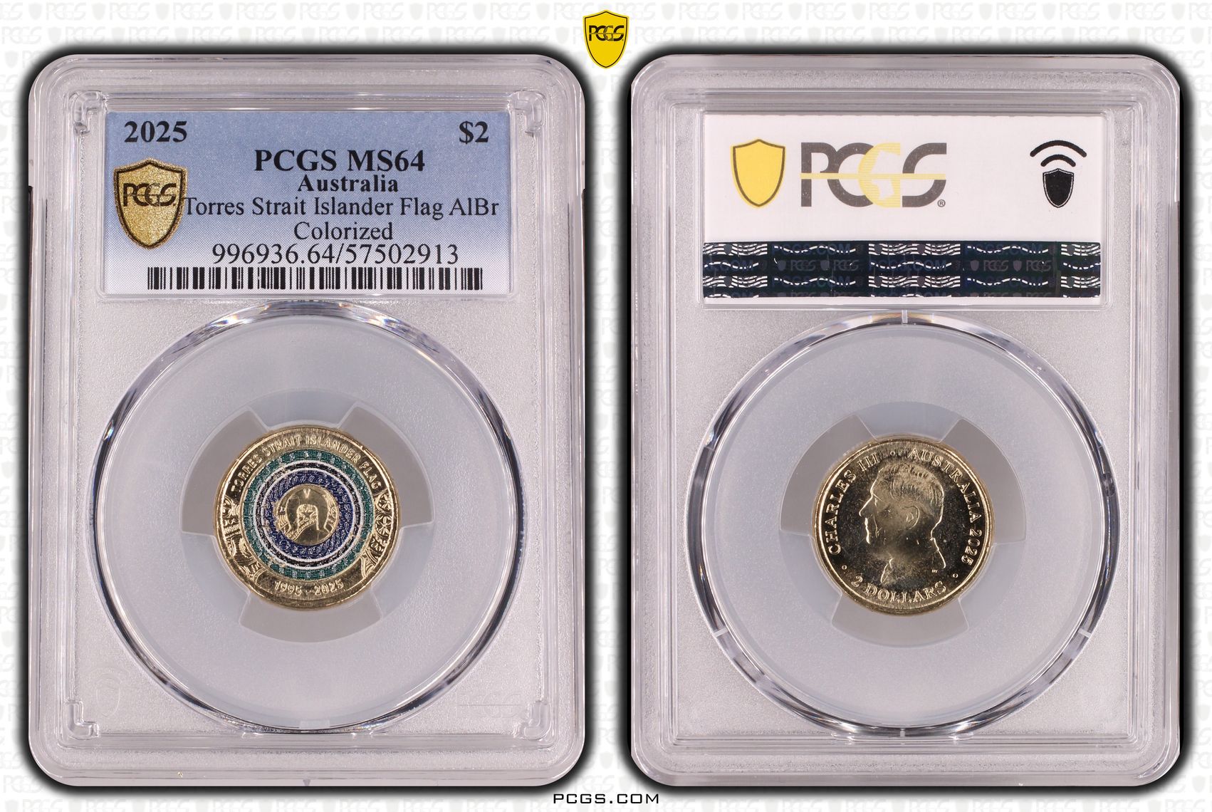 Torres Strait Islander Flag AlBr Colourised, Two Dollar, 2025, PCGS MS64