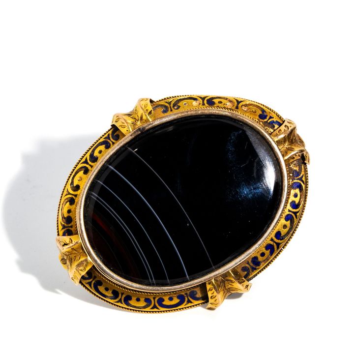 Antique 15ct Gold Enamel & Onyx Mourning Brooch,