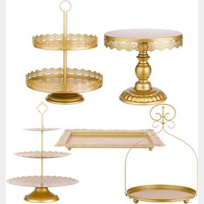 ZUMELER GOLD 5PCS CAKE STANDS SET METAL ROUND CUPCAKE HOLDER COOKIES DESSERT DISPLAY PLATE SERVING TOWER TRAY PLATTER WITH HANDL F