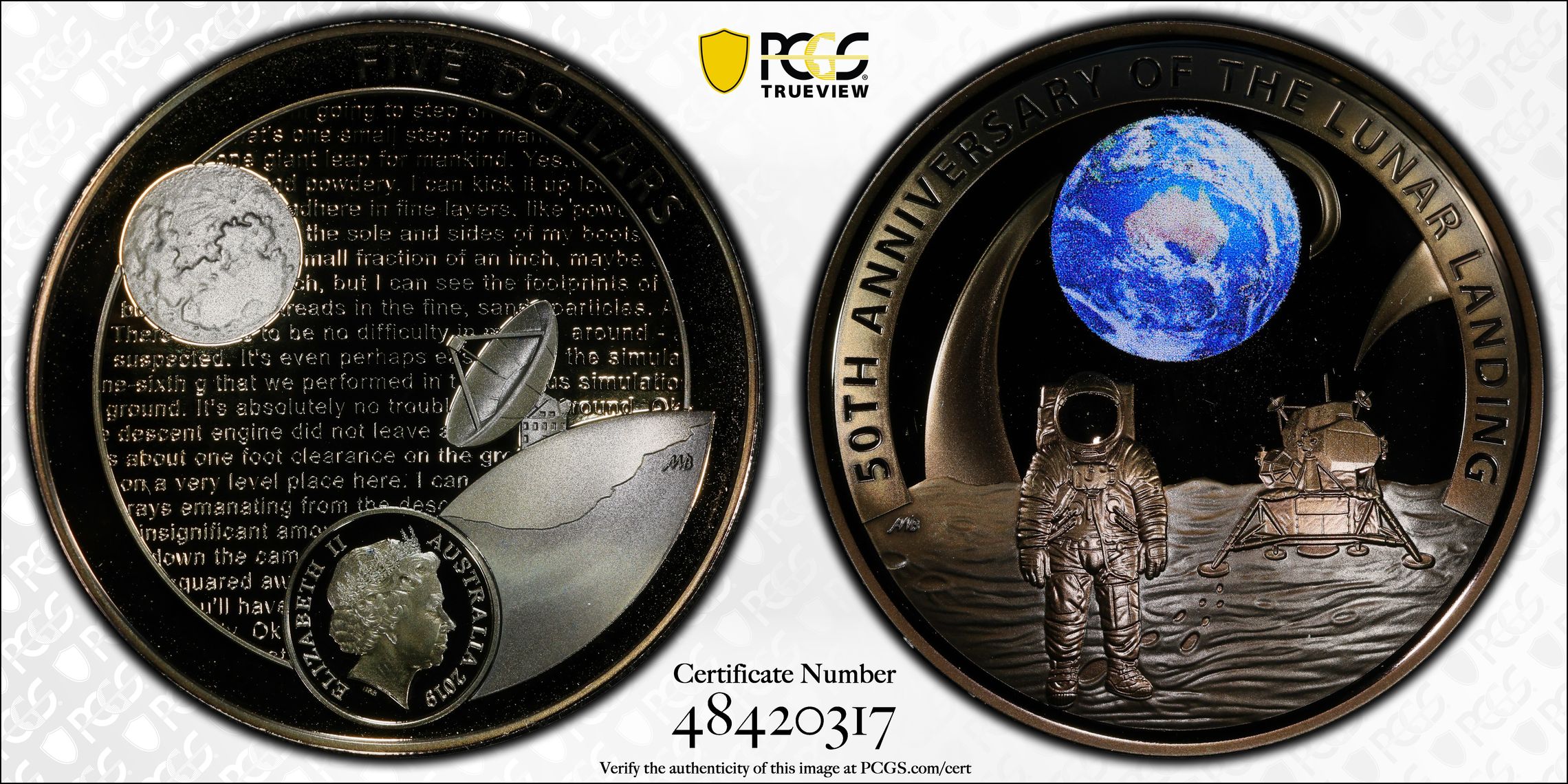 Samoa, 1st Moon Landing 50th Ann. POP 2/0, Five Dollar, 2019, PCGS MS69