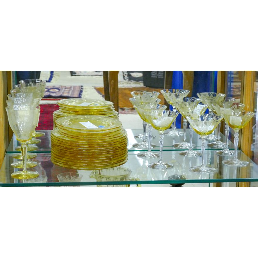 Shelf 26pc Fostoria Trojan Topaz Etched Glasses & Plates