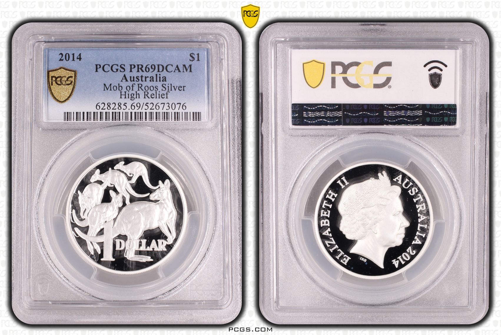 Mob of Roos Silver High Relief, One Dollar, 2014, PCGS PR69DCAM