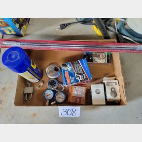 Various padlocks, tire gauges and other shop items