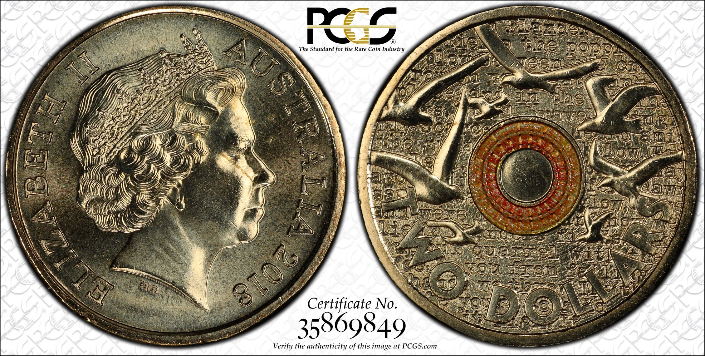 2018 Australia Two Dollar, $2 Remembrance Day In Flanders Fields 30th Ann. $2 Coin PCGS - MS66 -849