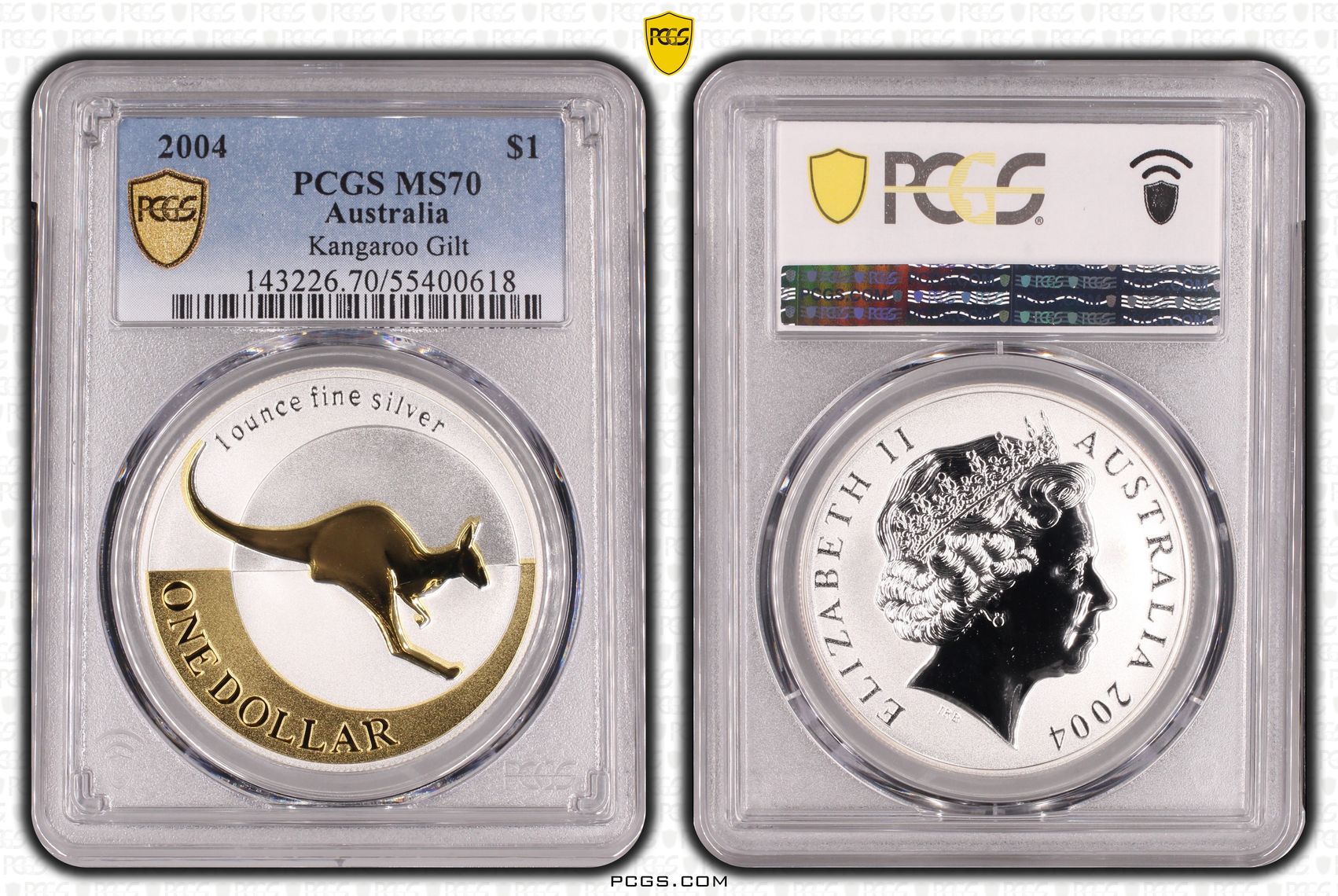 Kangaroo Ag Gilt, POP 6/0, One Dollar, 2004, PCGS MS70