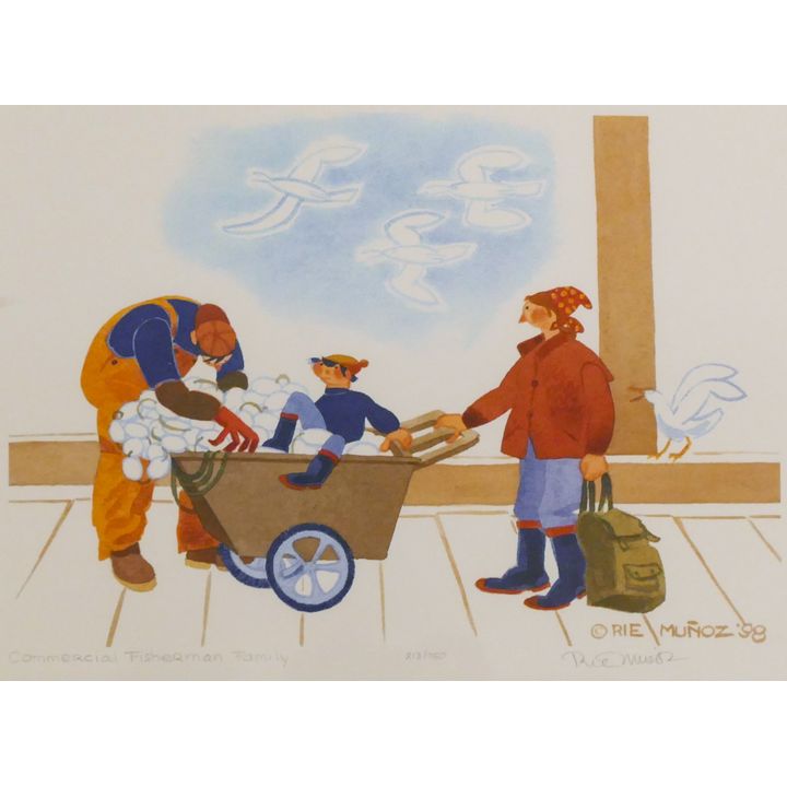 Rie Munoz ''Commercial Fisherman Family''  Signed Print 12'' x 15.75'' Sheet.