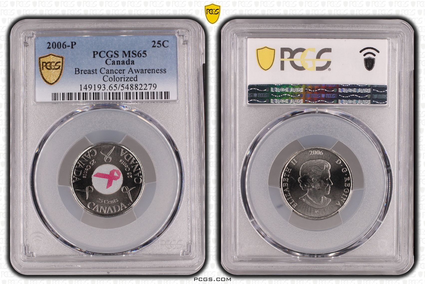 Canada, Breast Cancer Awareness Colorized, Twenty Five Cent, 2006-P, PCGS MS65