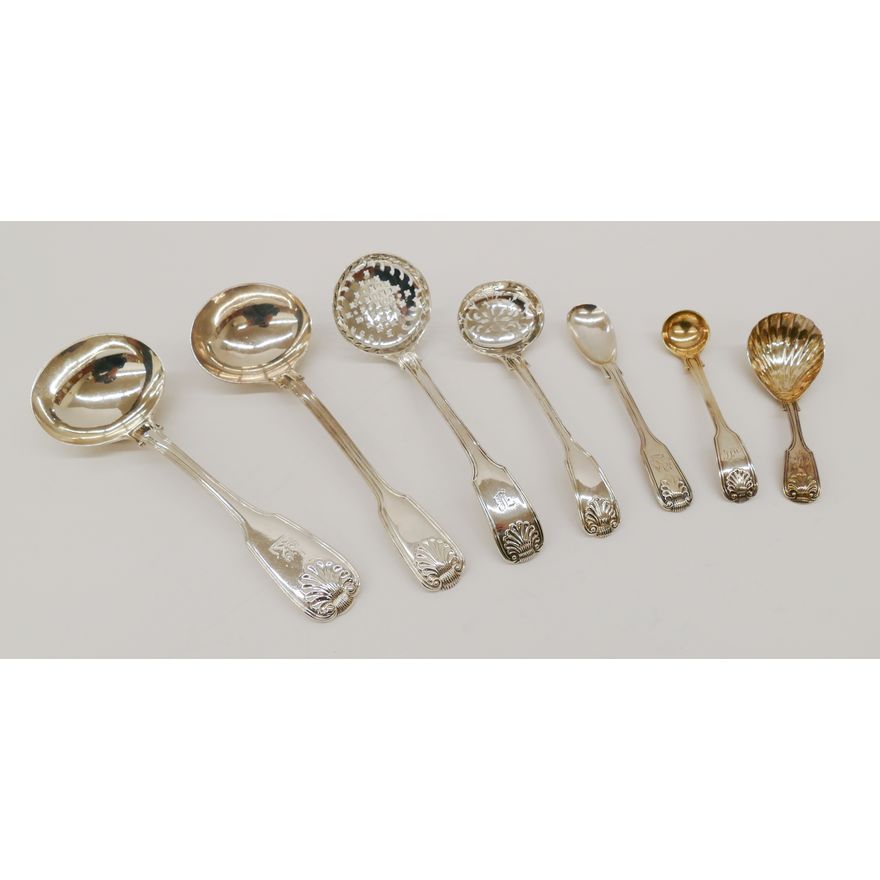 7pc English Sterling Spoons, Sifters, and Ladles