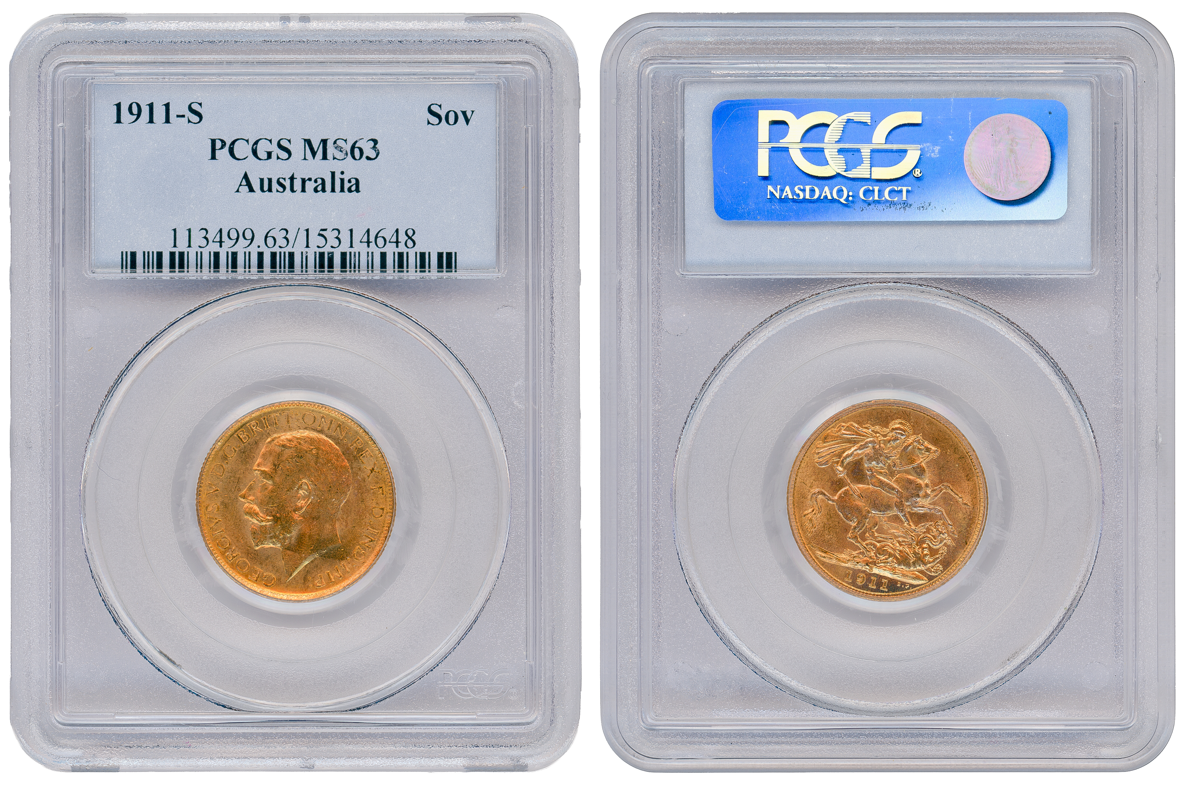 72 · George V, St George Reverse, Sovereign, 1911-S, PCGS MS63