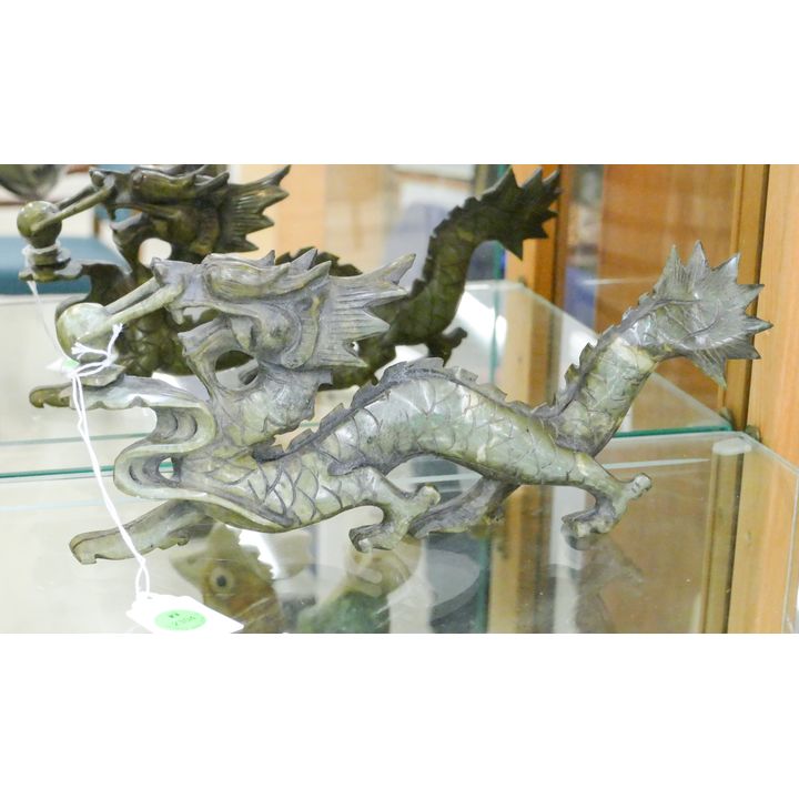 Chinese Carved Jade Dragon Chasing Pearl 12'' Long
