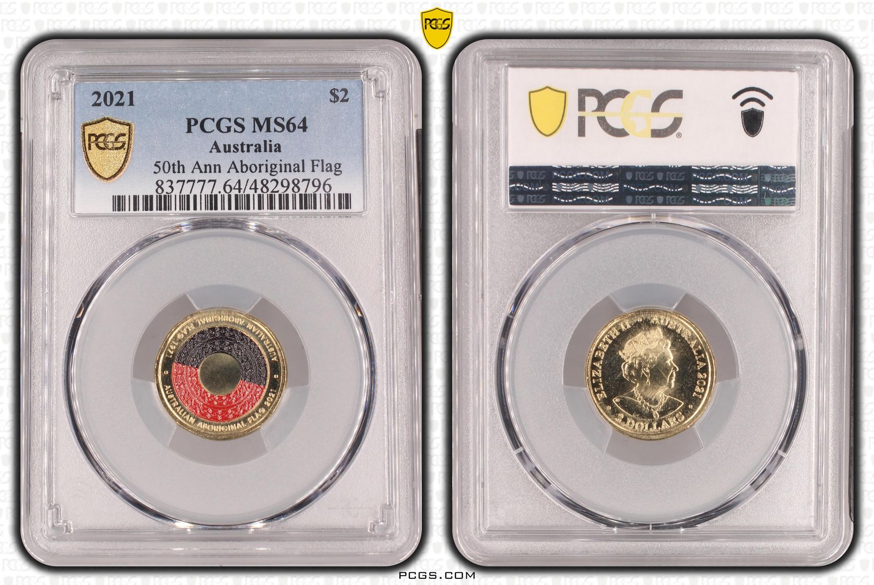 Elizabeth II, 50th Ann Aboriginal Flag Colorized, Two Dollar, 2021, PCGS MS64