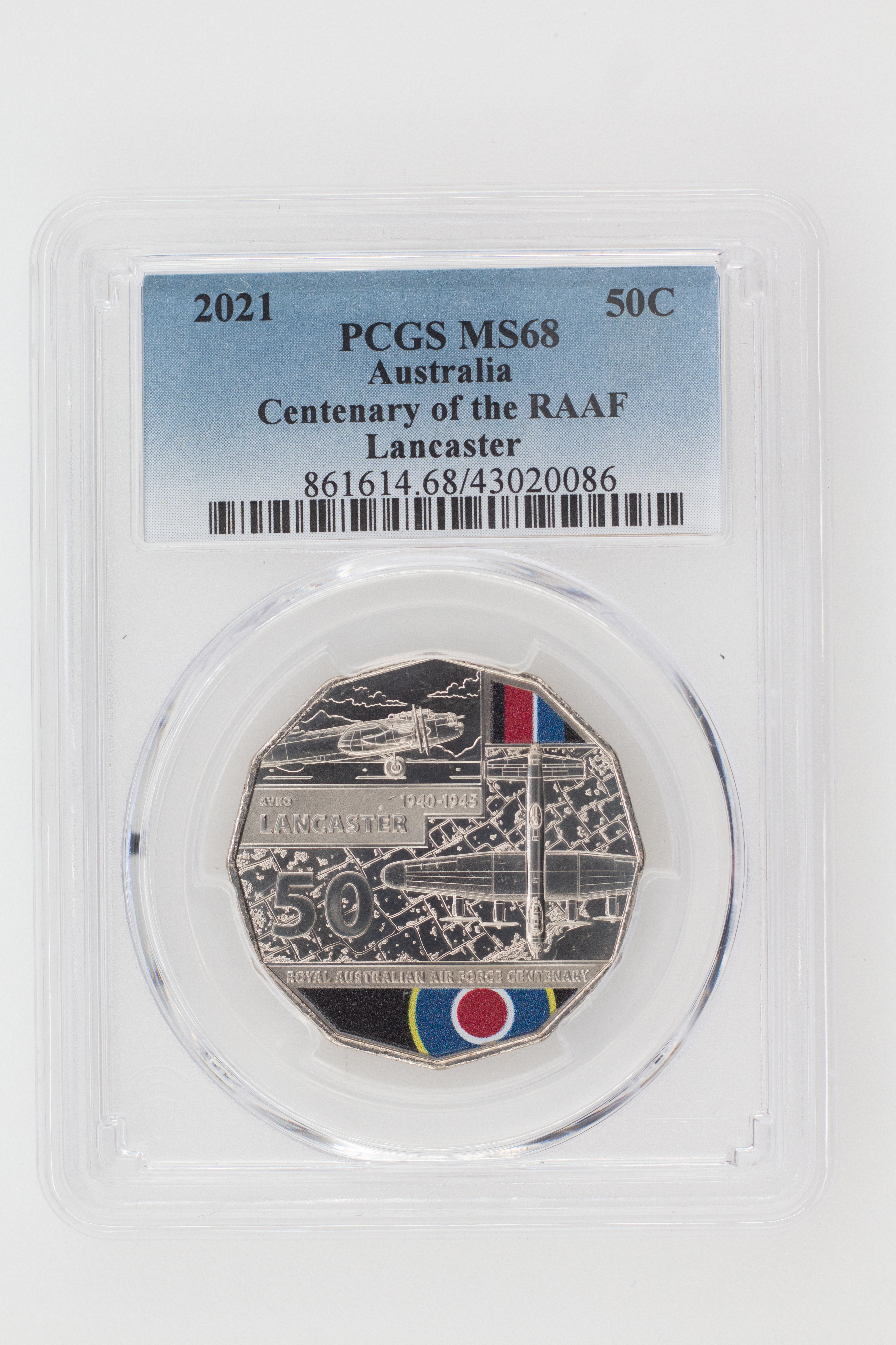 2021 Australia Fifty Cent, 50c Centenary of the RAAF Lancaster PCGS - MS68 -086