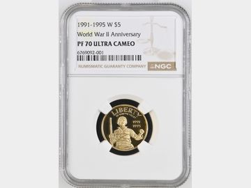 1991-1995 U.S.A WORLD WAR II ANNIVERSARY 5 DOLLAR PF70 UCAM TOP POP!
