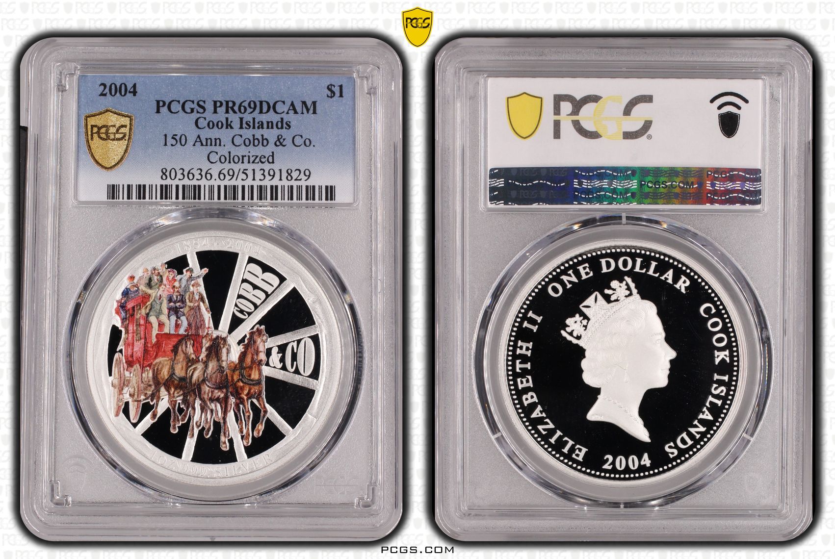 Cook Islands, 150 Ann. Cobb & Co. Colorized, One Dollar, 2004, PCGS PR69DCAM