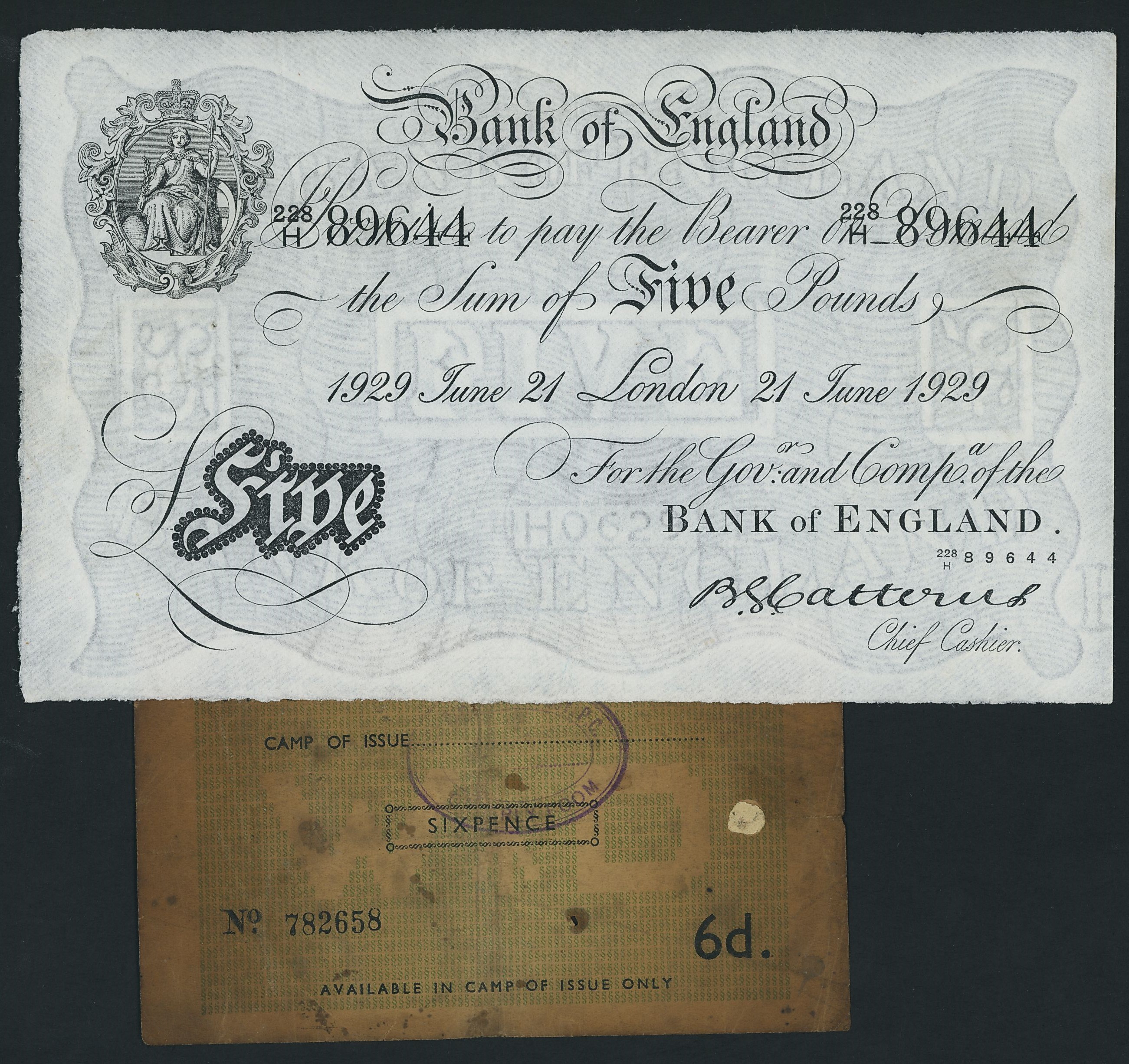 Bank of England and POW Camp Note, [2 notes] £5, 6 Pence, 21st June ...