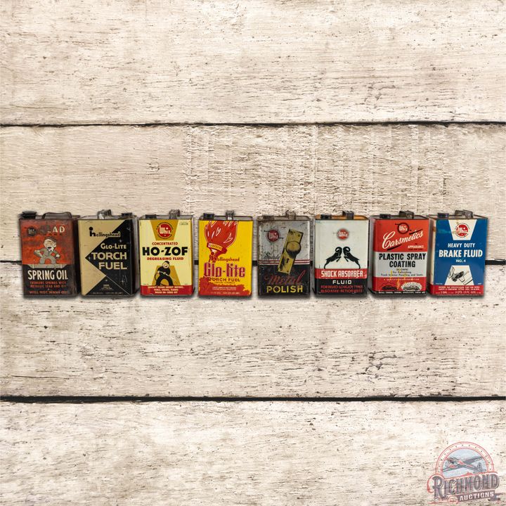 Group of 8 Whiz Automotive Themed Metal Advertising Cans