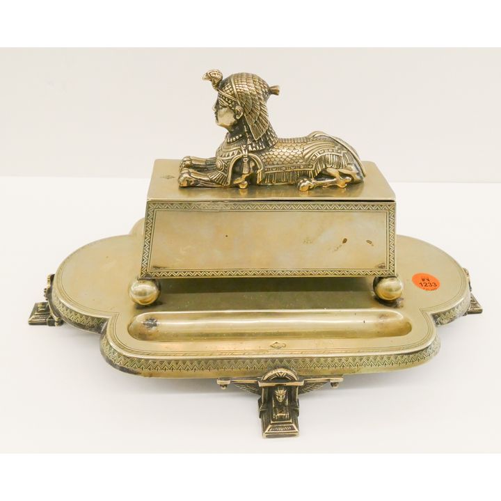 Antique English Egyptian Revival Silverplated Double Inkwell- 7x13''