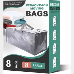 8 PACK WTREE HEAVY DUTY MOVING BAGS, EXTRA LARGE STORAGE TOTES W/BACKPACK STRAPS STRONG HANDLES & ZIPPERS, ALTERNATIVE TO MOVING B